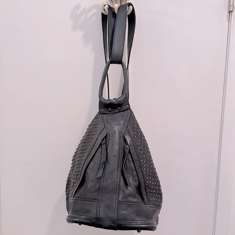Studded Black Leather Backpack with Gold-Tone Accents - Picture 9 of 12